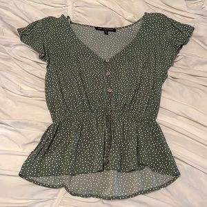 Green polka dot button up top